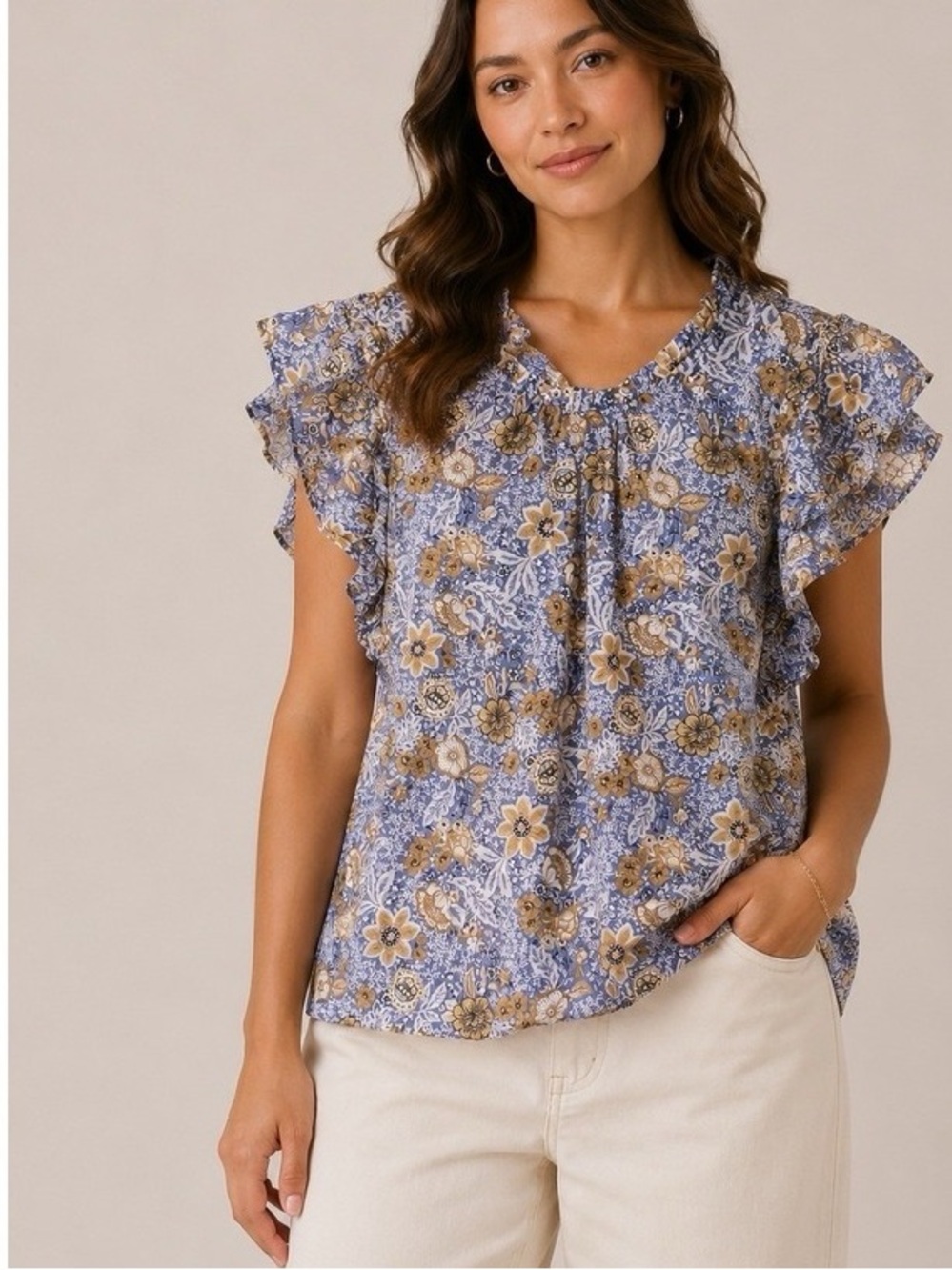 C&C California Blue and Tan Floral Ruffle Sleeve Blouse